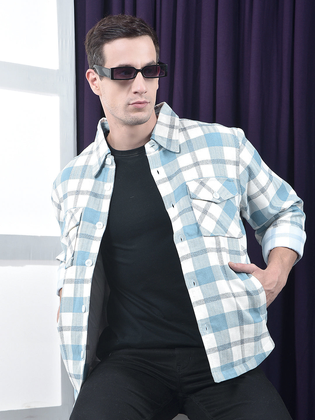 cobb sky blue checked collar  shacket