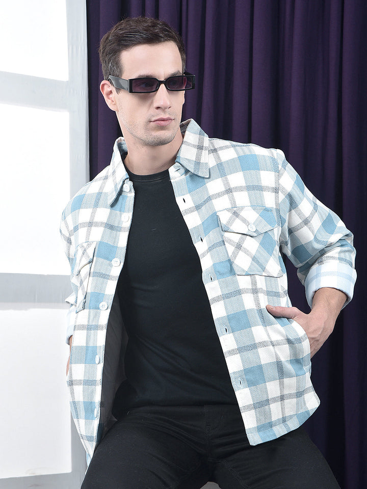 cobb sky blue checked collar  shacket