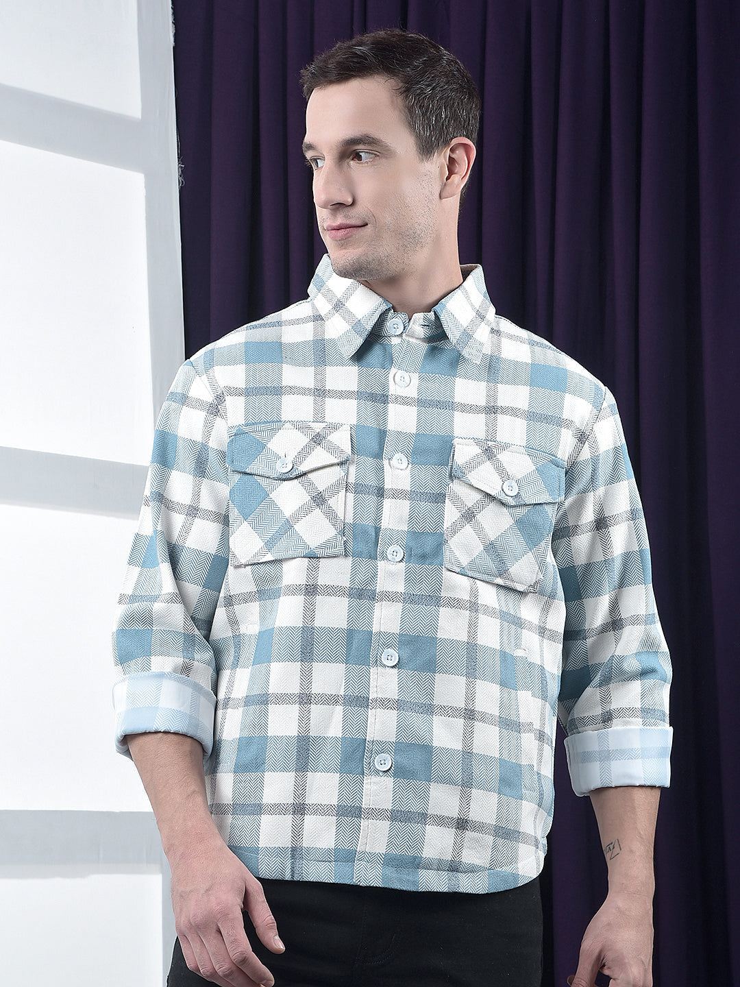 cobb sky blue checked collar  shacket