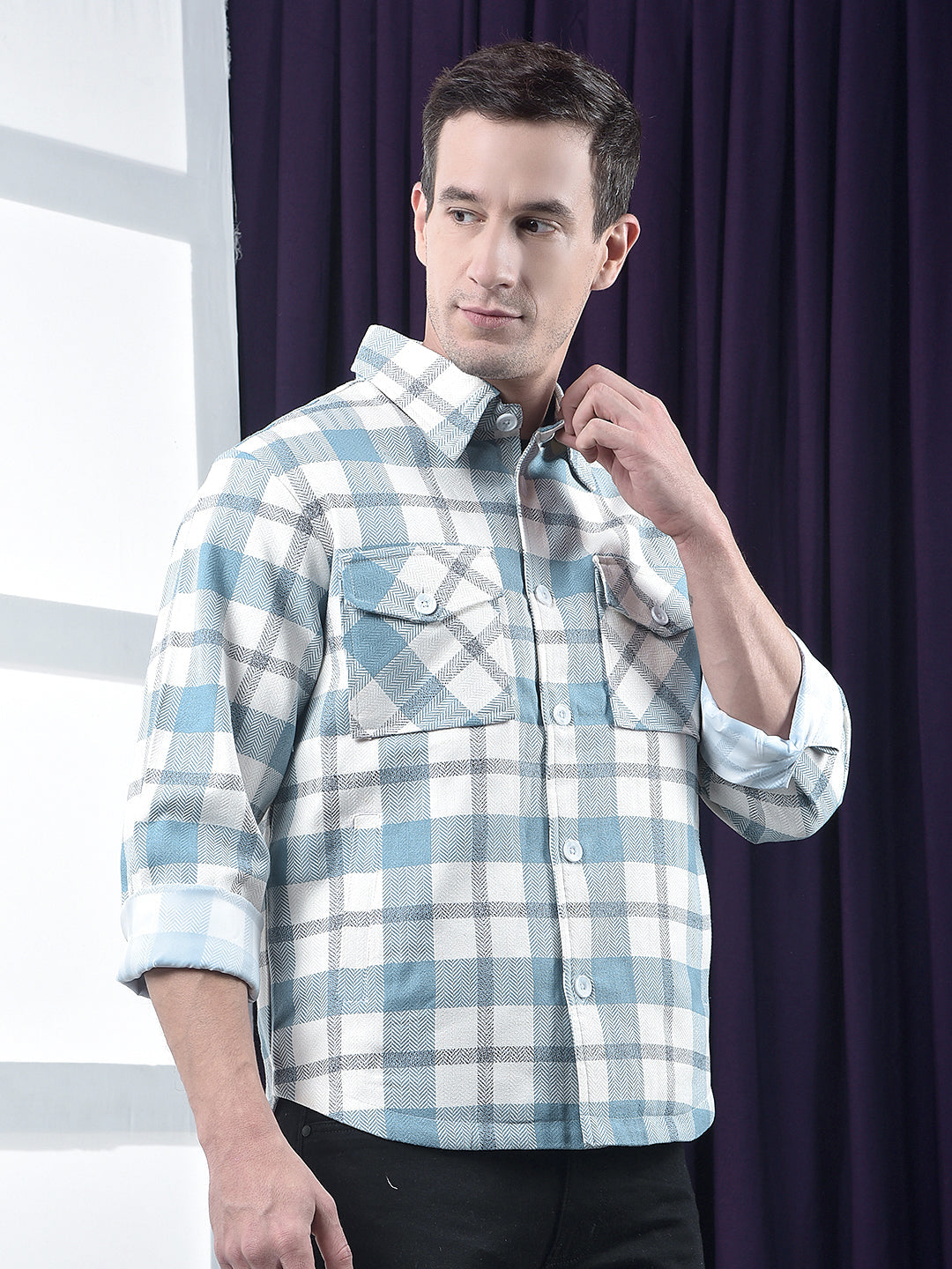 cobb sky blue checked collar  shacket