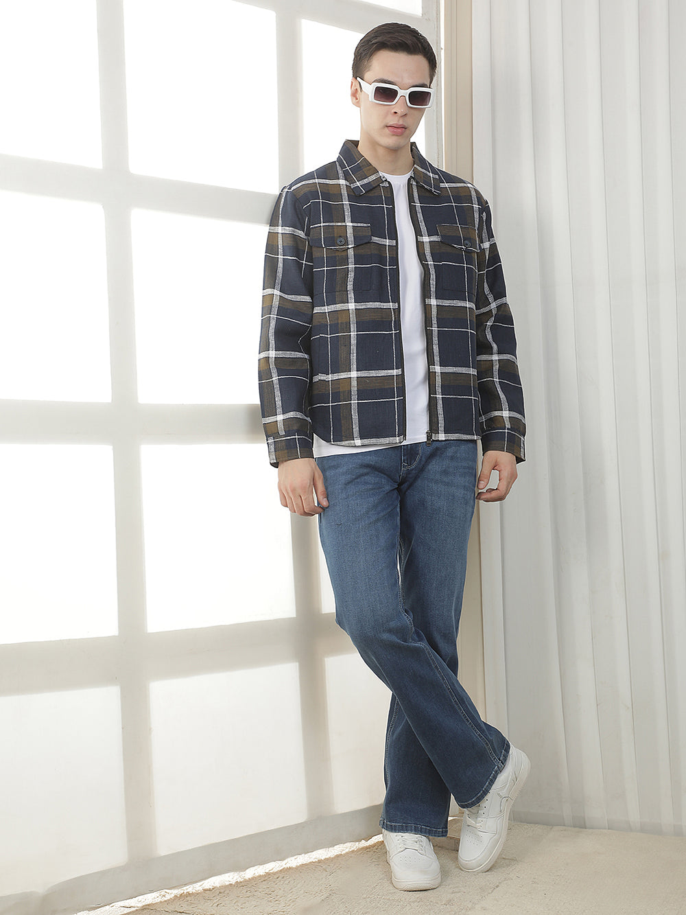 navy blue checked zip-up shacket