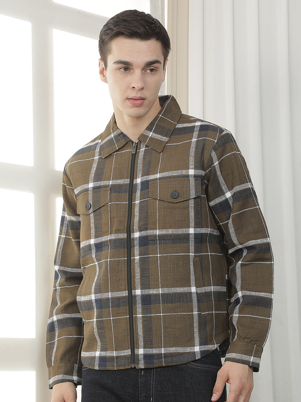 olive green checked zip-up shacket