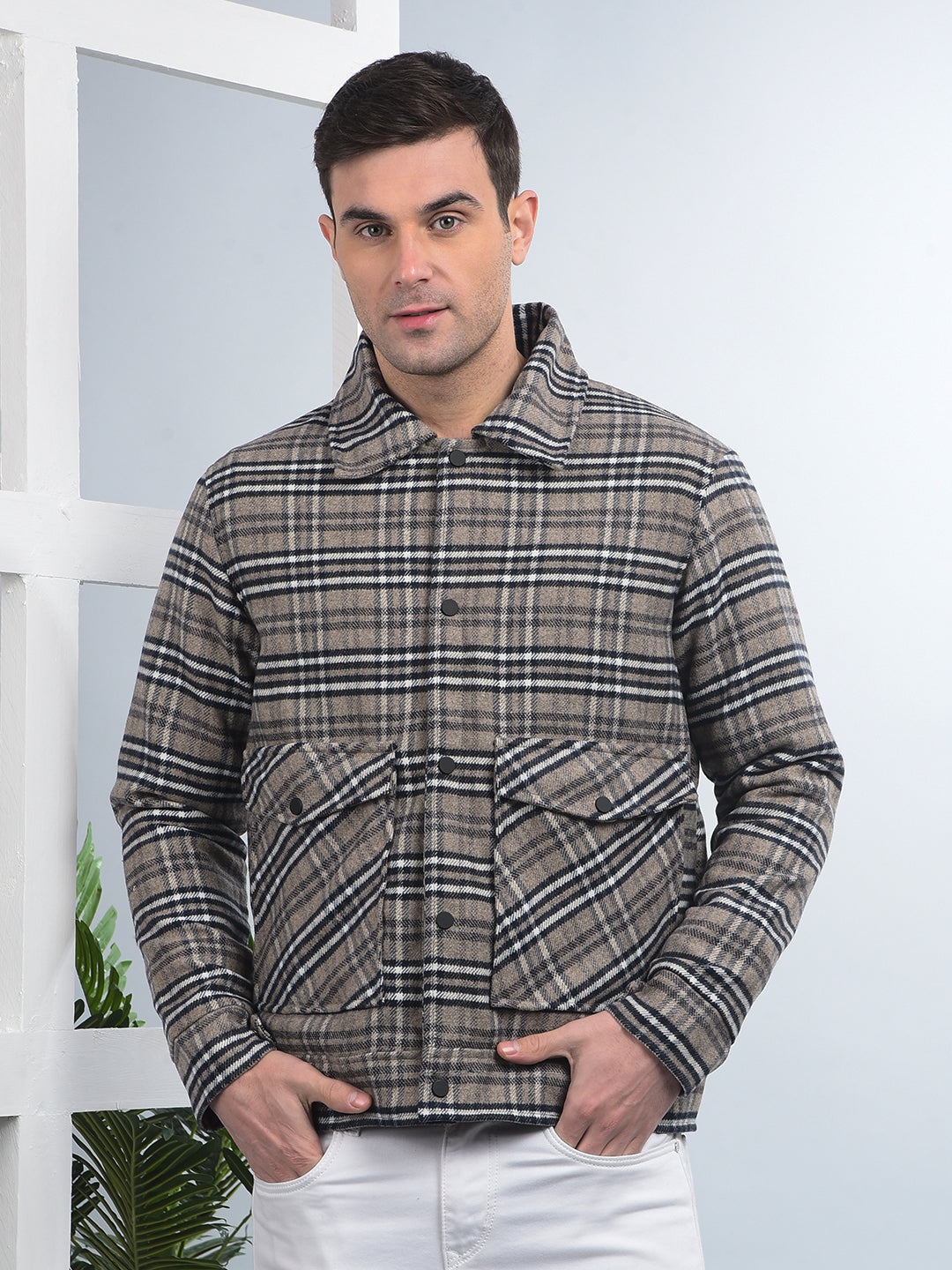 cobb light brown checked collar shacket