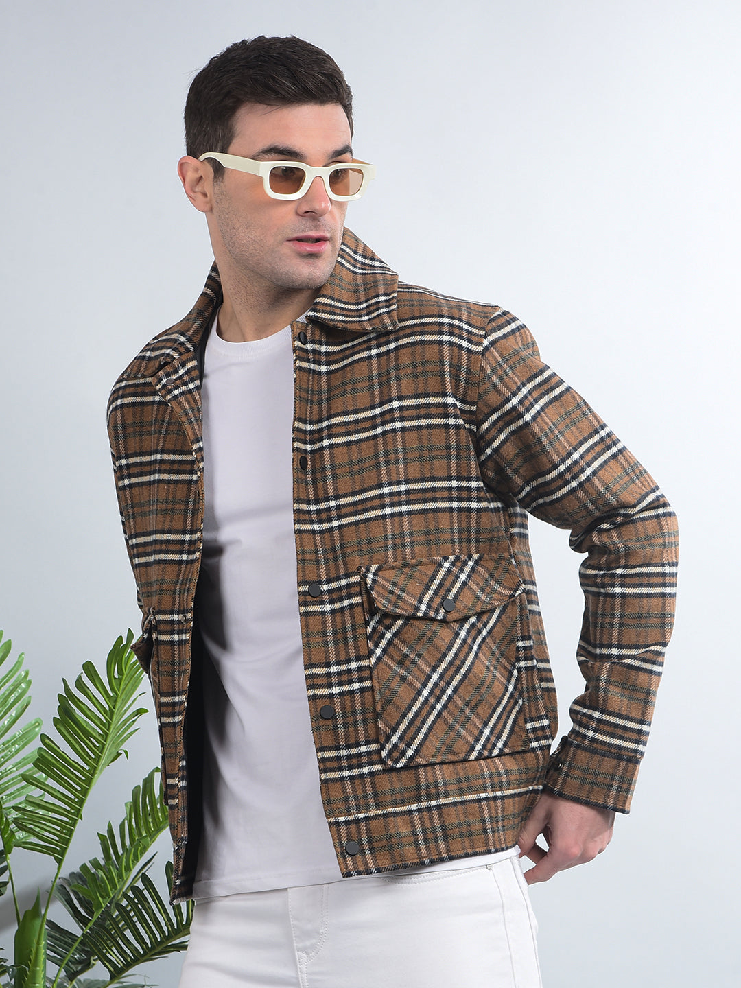 cobb brown checked collar shacket