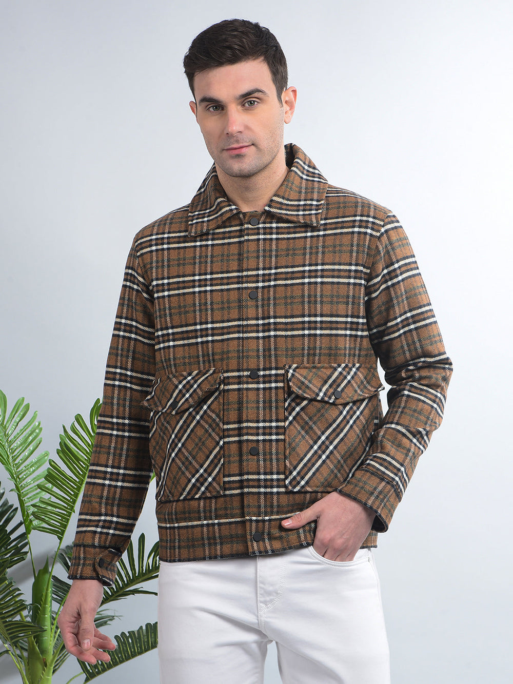 cobb brown checked collar shacket