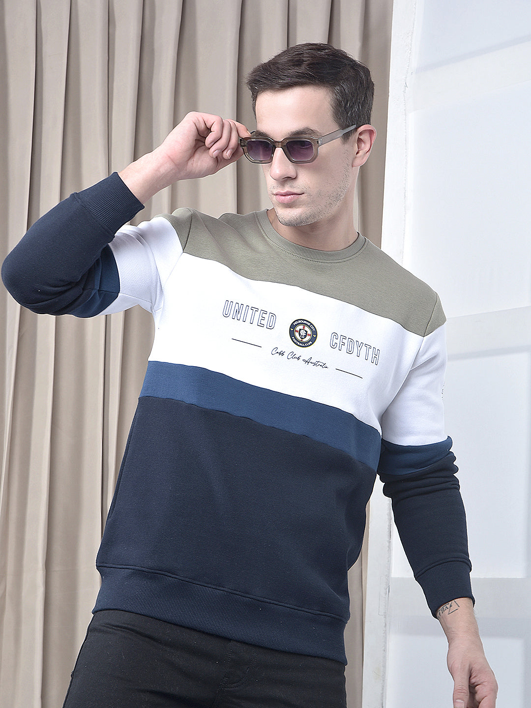 cobb navy blue color-block round neck sweatshirt