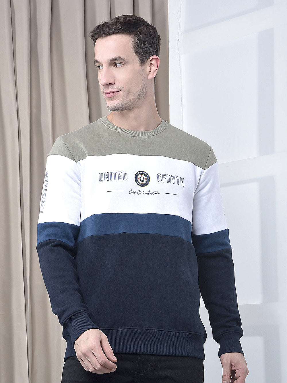 cobb navy blue color-block round neck sweatshirt