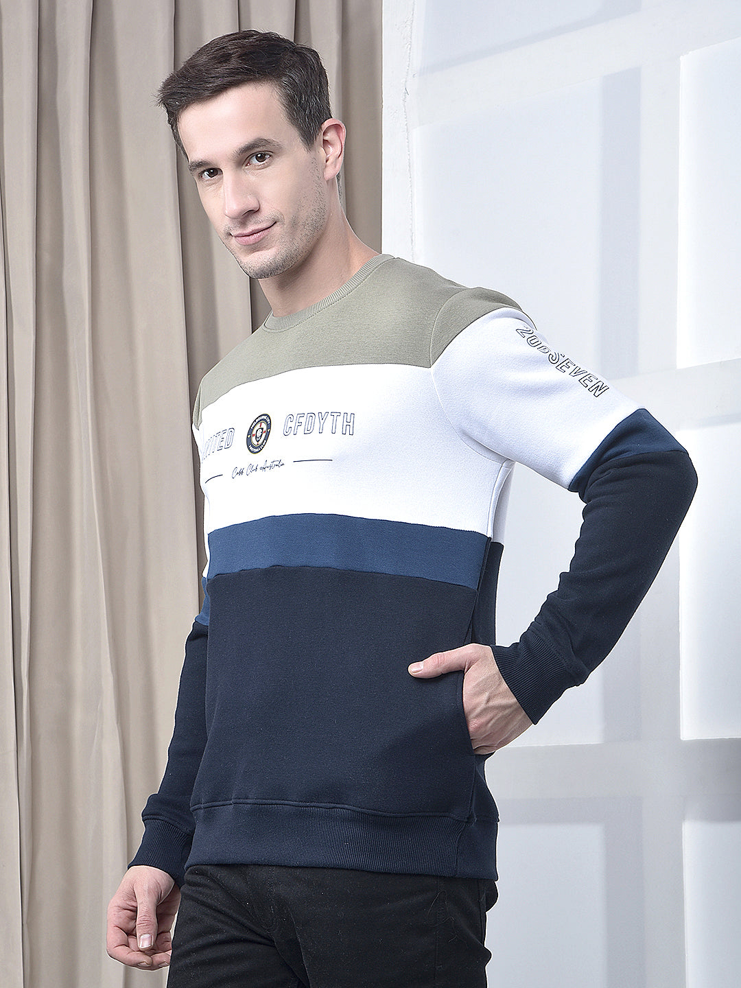 cobb navy blue color-block round neck sweatshirt