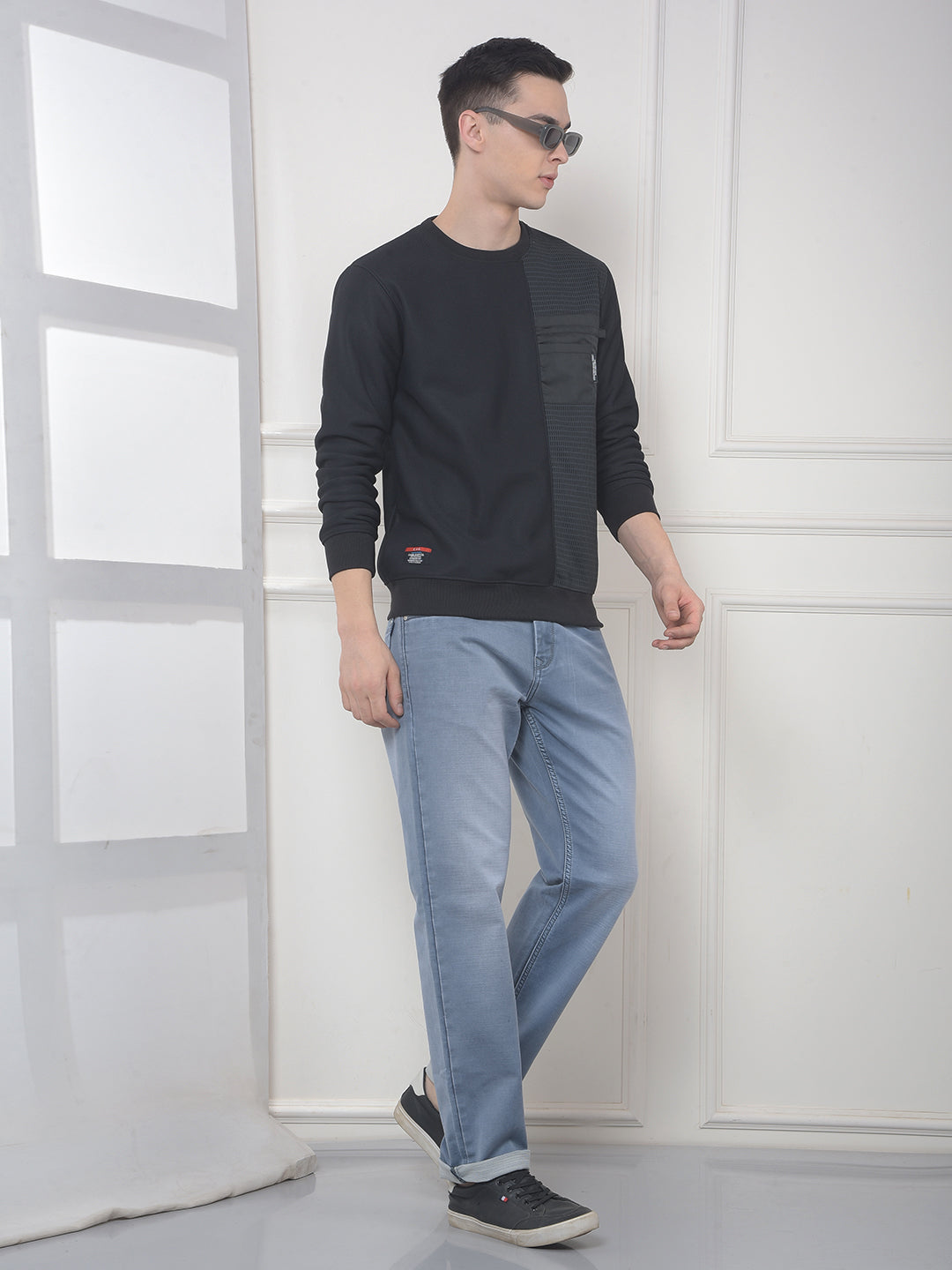 COBB BLACK SELF-DESIGN ROUND NECK SWEATSHIRT