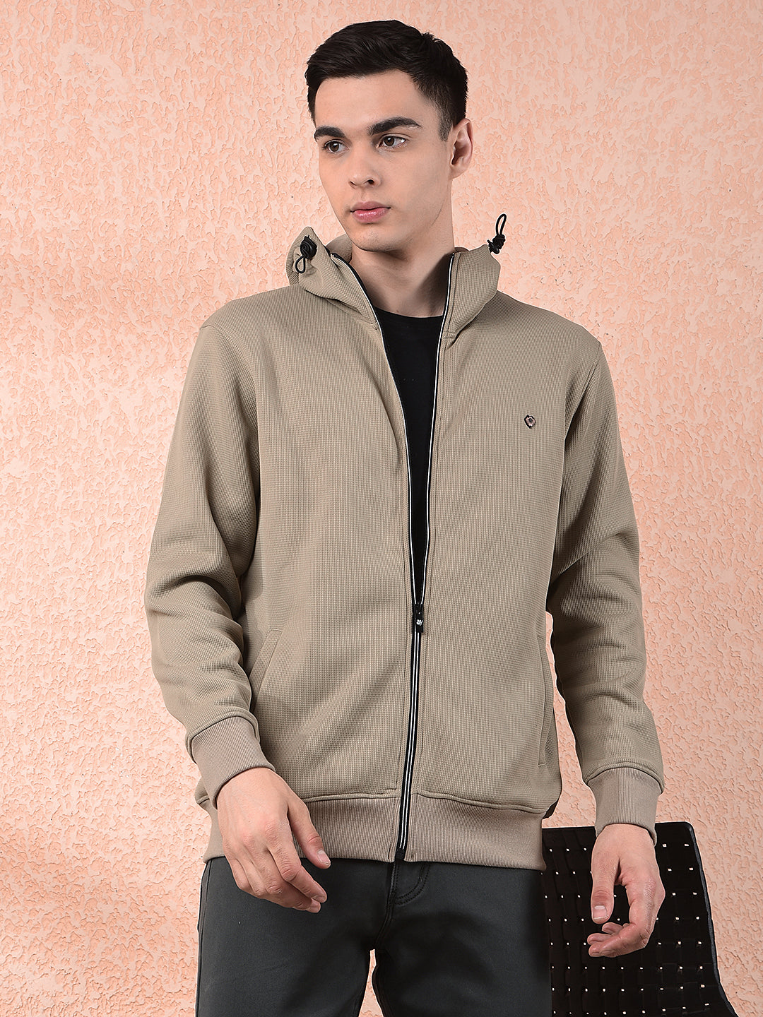 cobb solid beige zip-up hooded sweatshirt