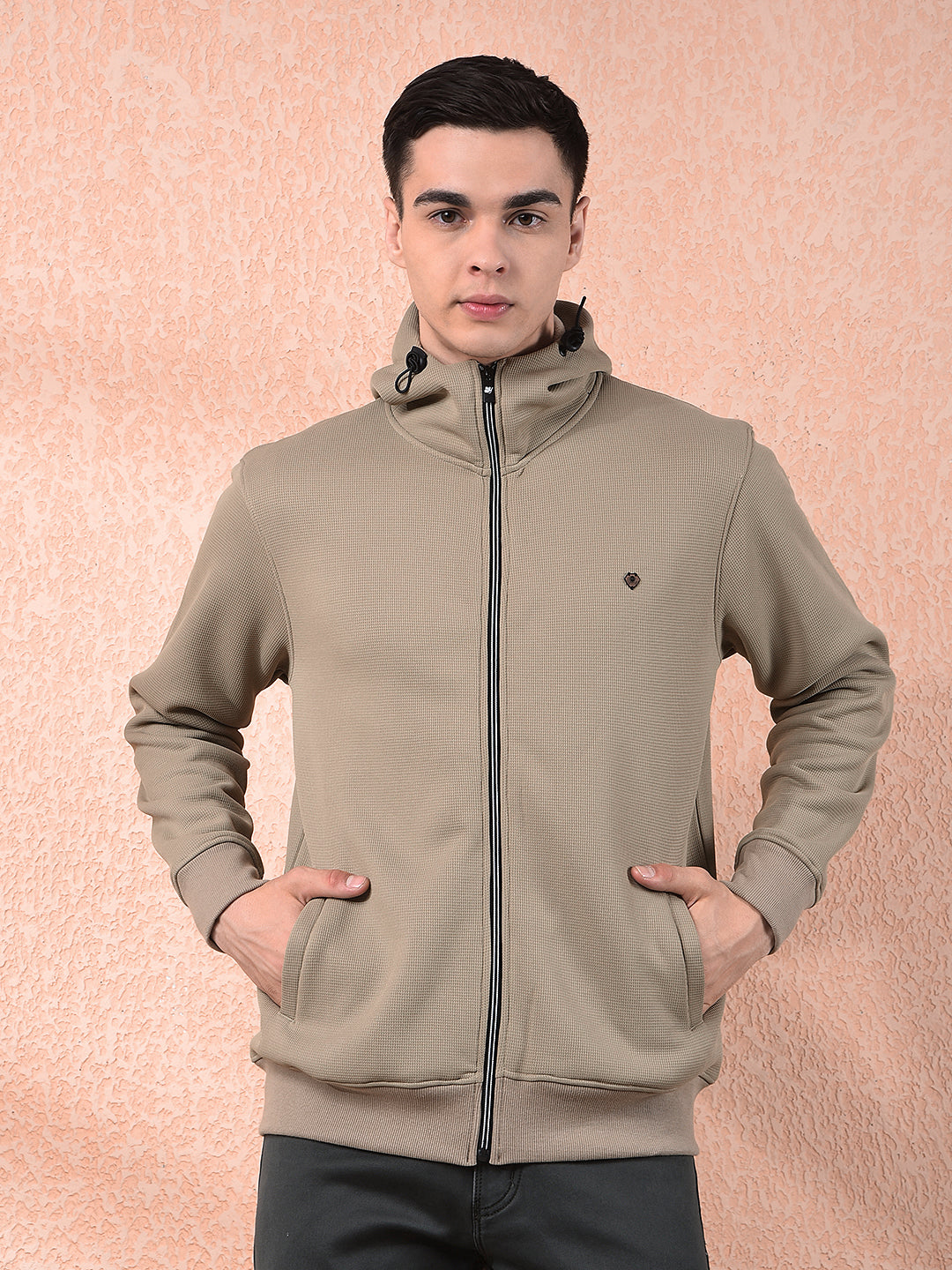 cobb solid beige zip-up hooded sweatshirt