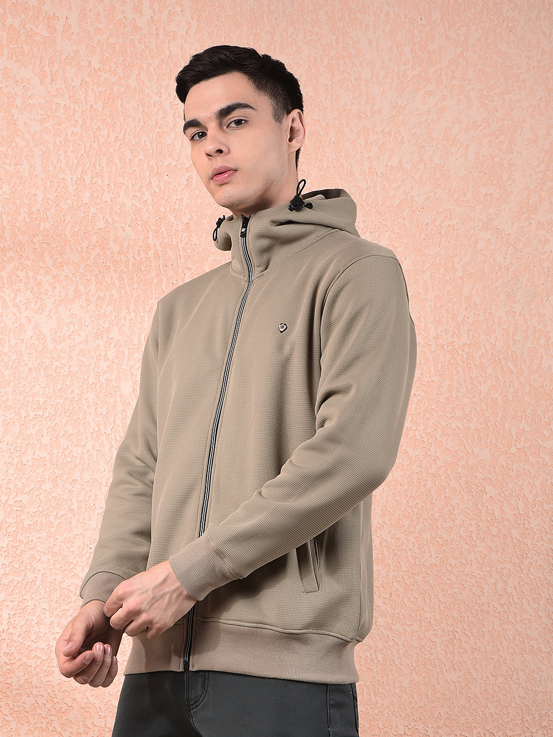 COBB SOLID BEIGE ZIP-UP HOODED SWEATSHIRT