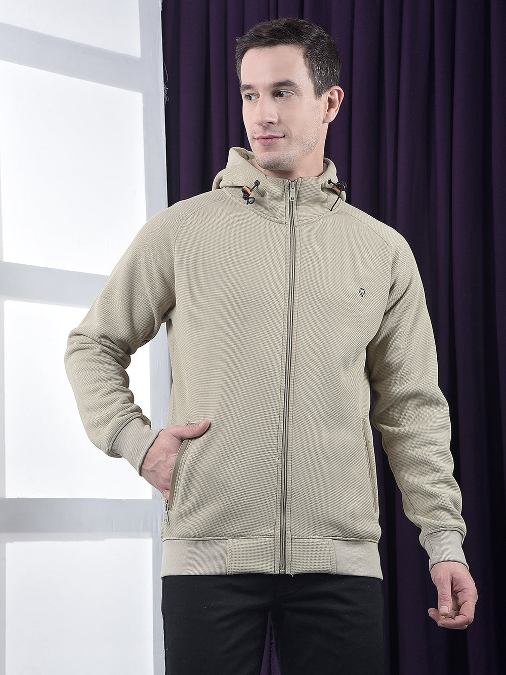cobb solid beige zip-up hooded sweatshirt