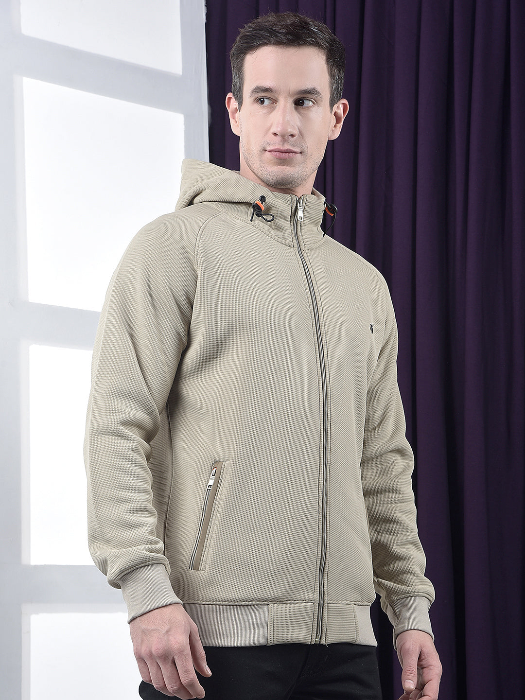 cobb solid beige zip-up hooded sweatshirt