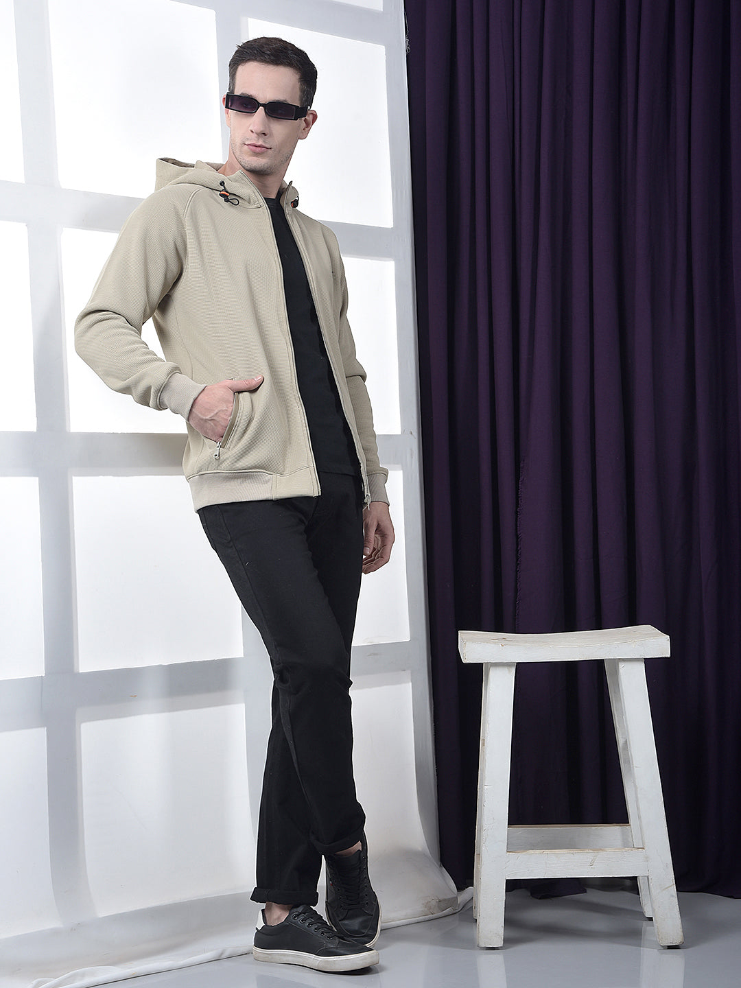 COBB SOLID BEIGE ZIP-UP HOODED SWEATSHIRT