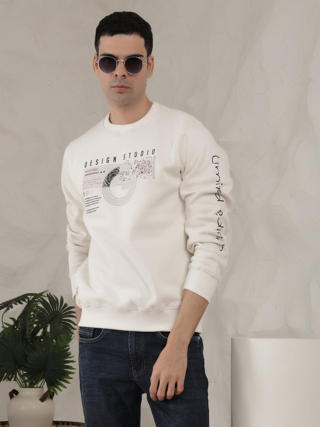 cobb cream printed round neck sweatshirt