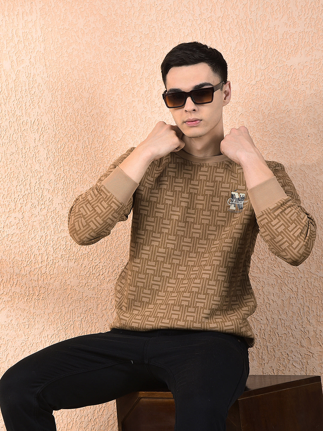 cobb brown printed round neck sweatshirt