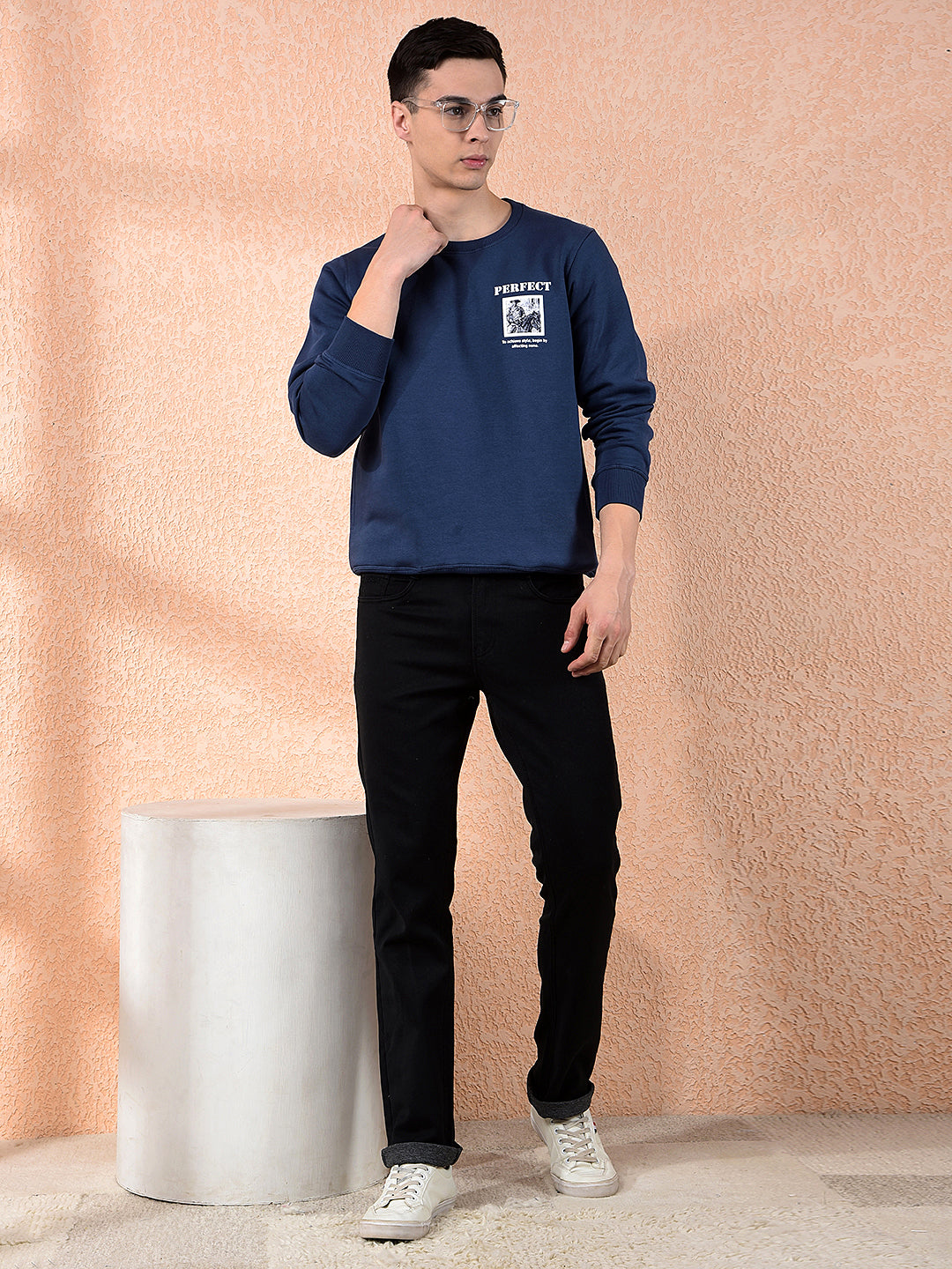 COBB DENIM BLUE PRINTED ROUND NECK SWEATSHIRT