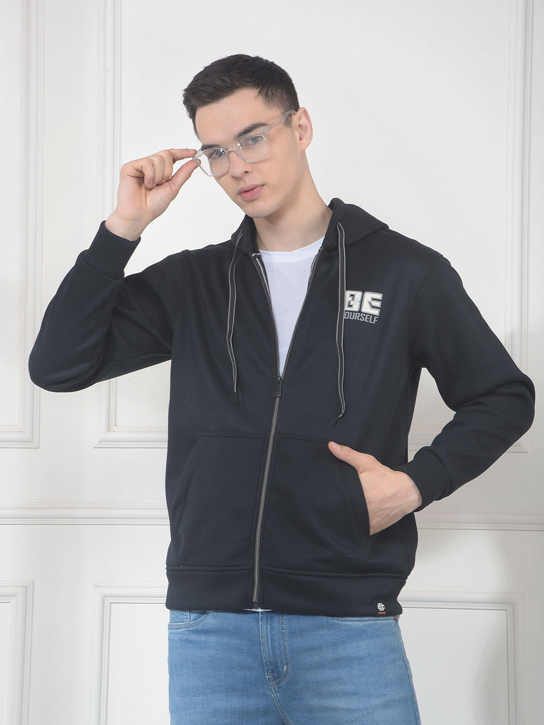 cobb navy blue printed zip-up hoodie