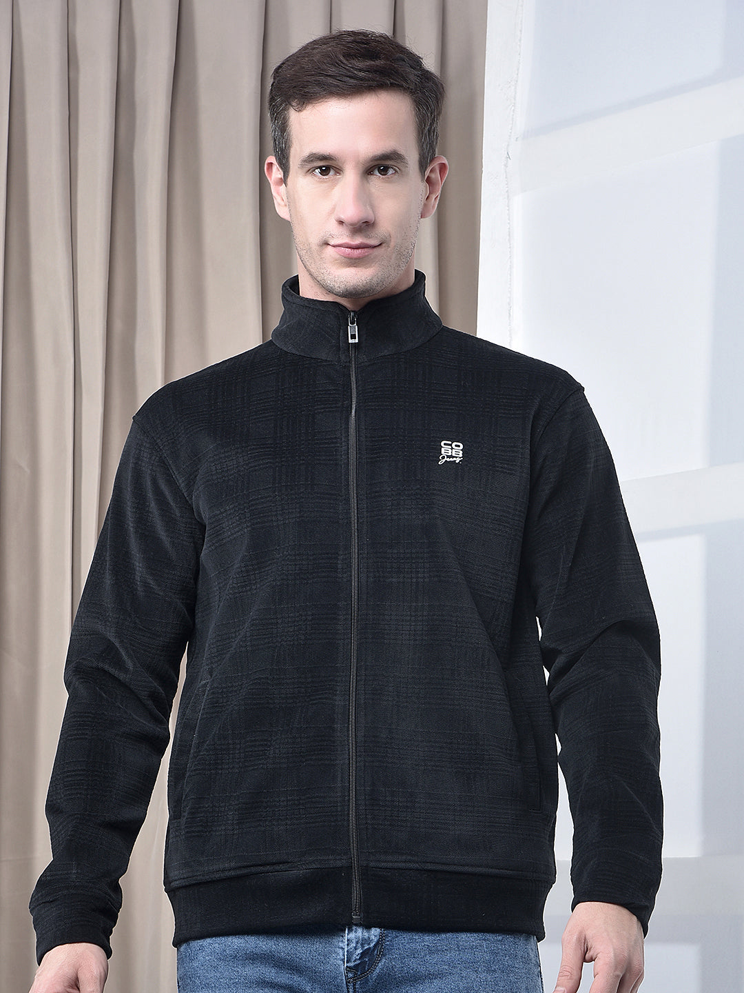 cobb black checked zip-up velvet sweatshirt