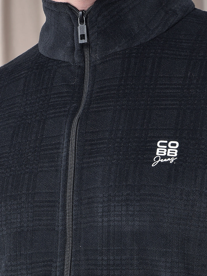 COBB BLACK CHECKED ZIP-UP VELVET SWEATSHIRT