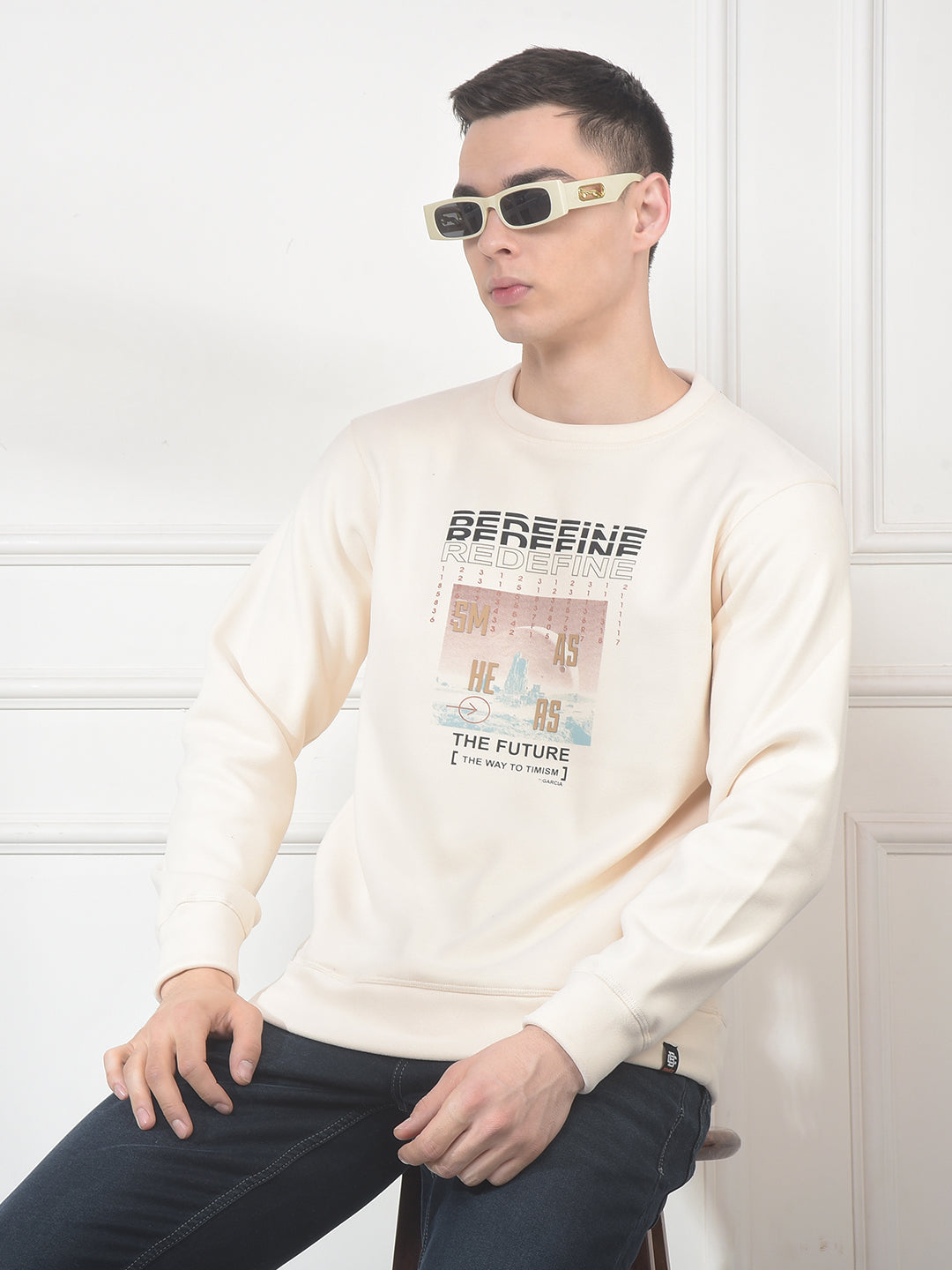 cobb cream printed round neck sweatshirt