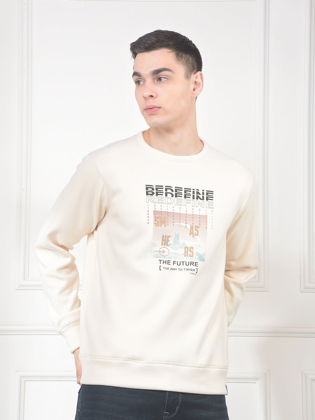 cobb cream printed round neck sweatshirt