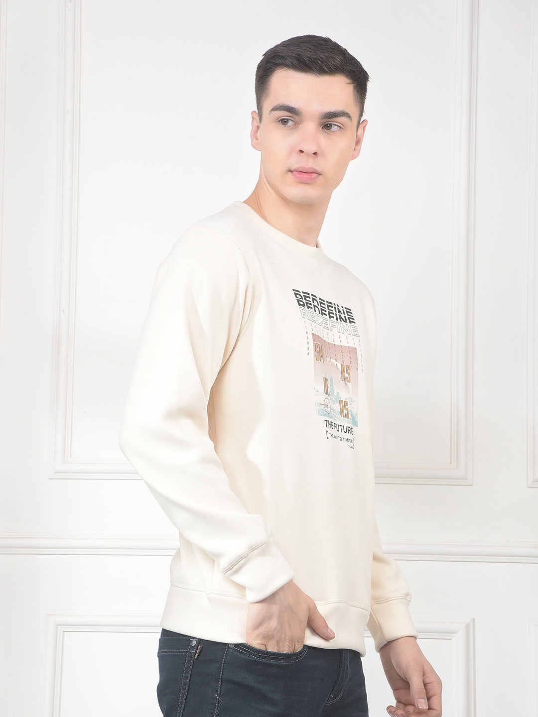 cobb cream printed round neck sweatshirt