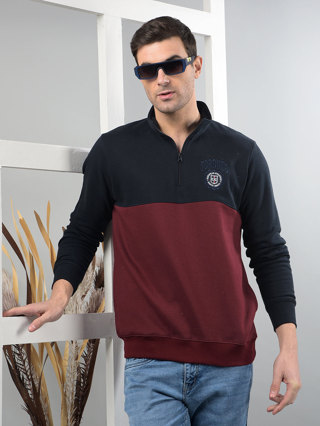 cobb navy maroon colour-block half-zipper sweatshirt