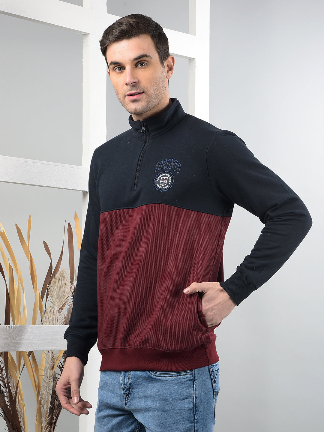 COBB NAVY MAROON COLOUR-BLOCK HALF-ZIPPER SWEATSHIRT