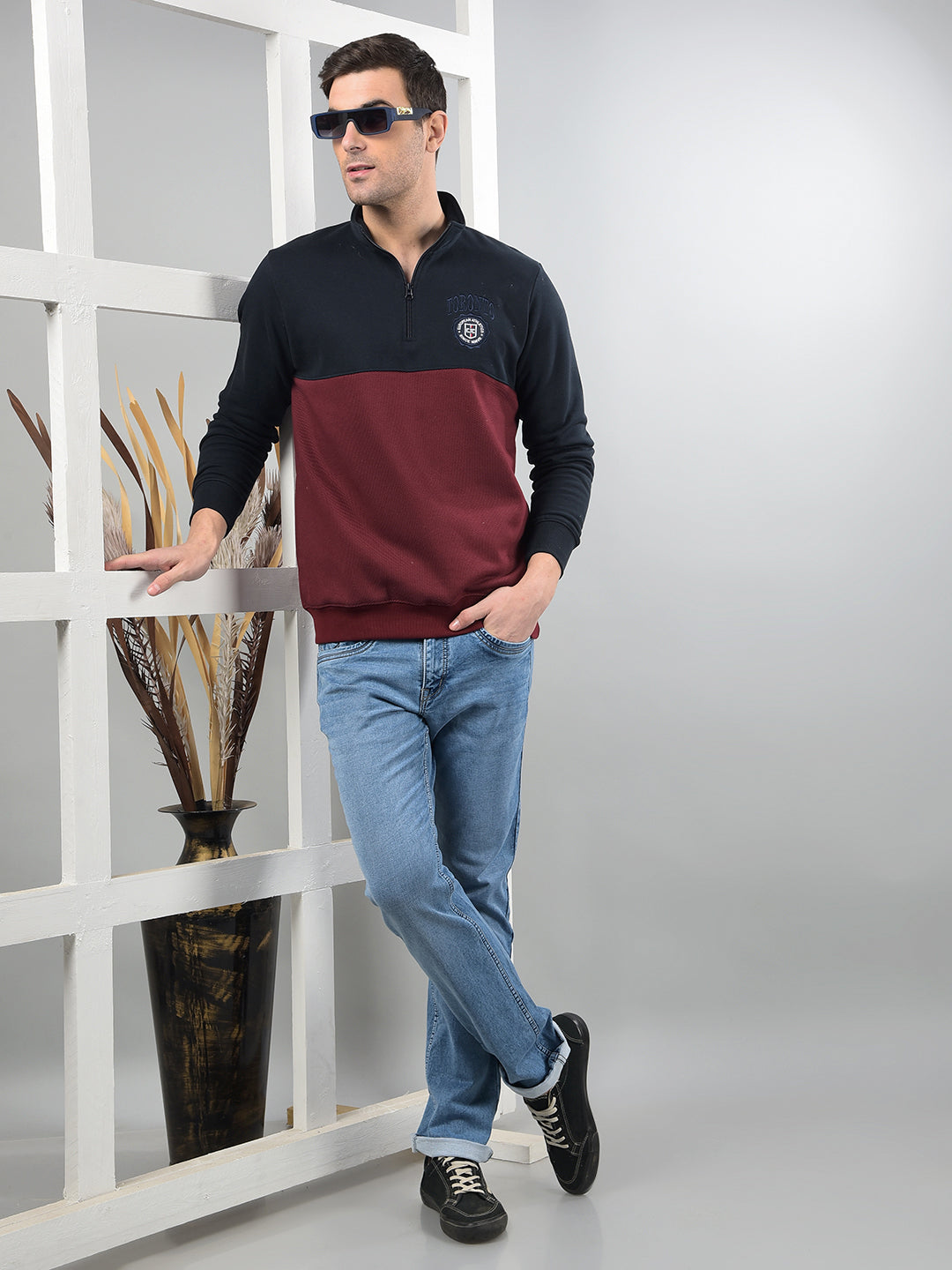 COBB NAVY MAROON COLOUR-BLOCK HALF-ZIPPER SWEATSHIRT