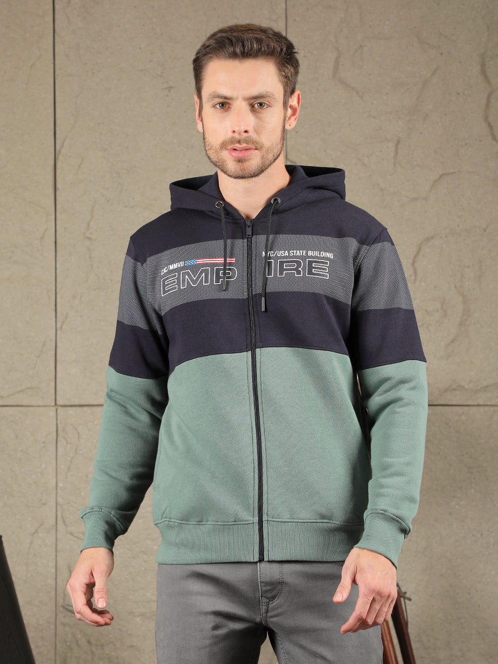 cobb navy green colourblock zip-up hoodie