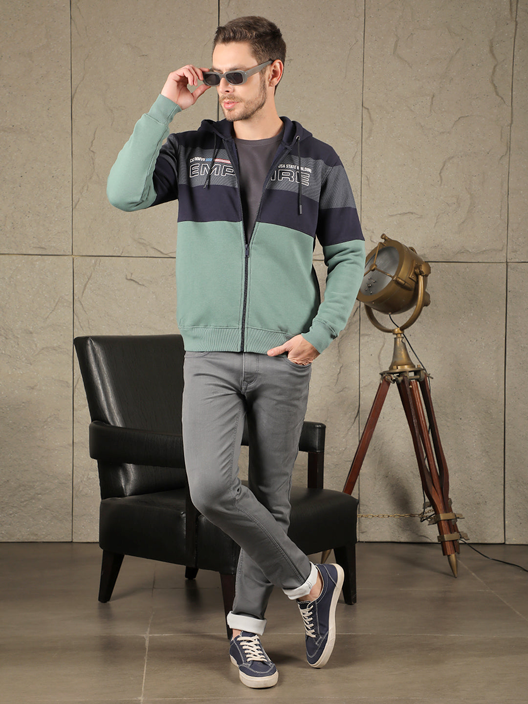 COBB NAVY GREEN COLOURBLOCK ZIP-UP HOODIE