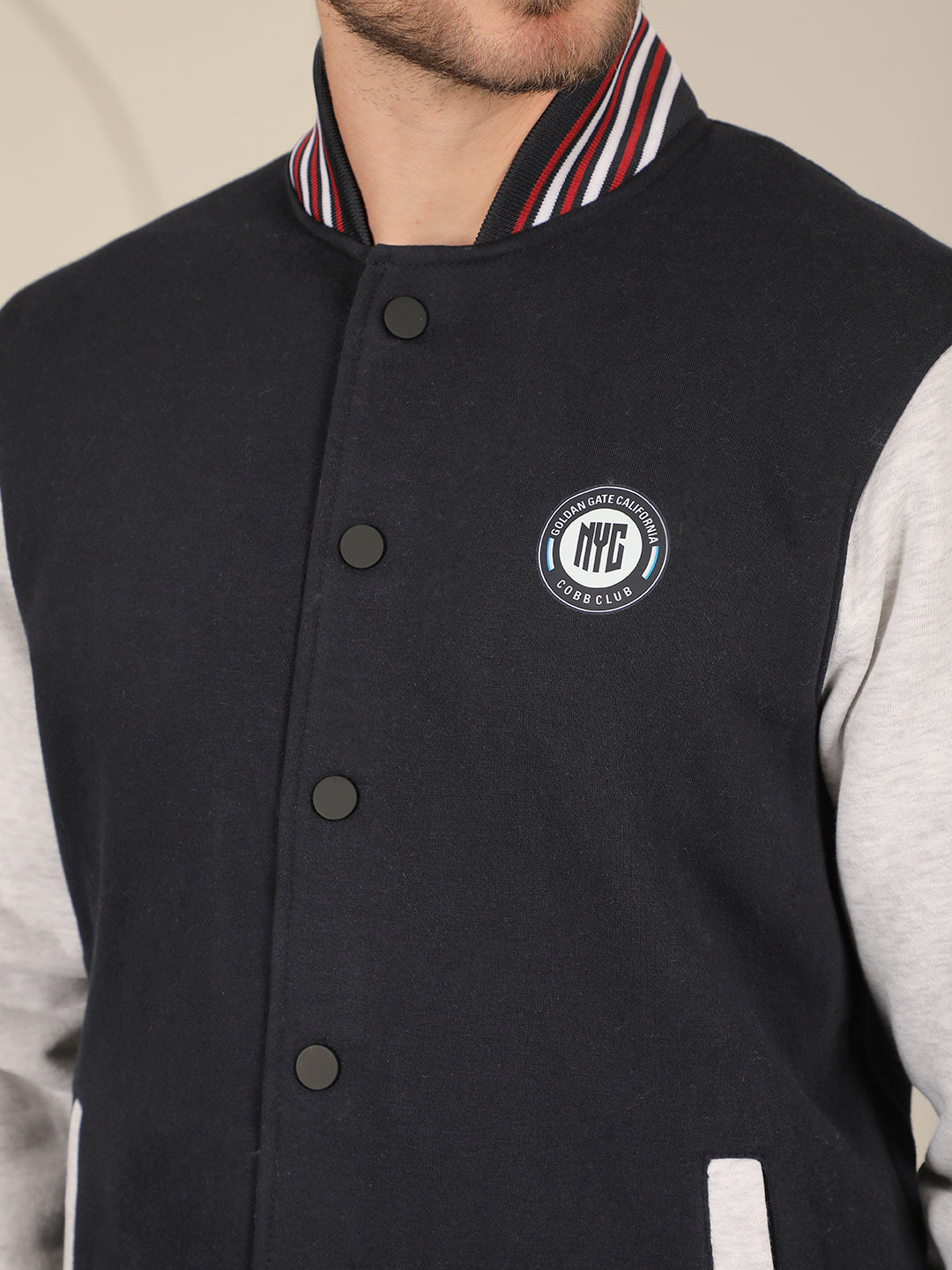 COBB NAVY BLUE COLOURBLOCK FULL BUTTON SWEATSHIRT