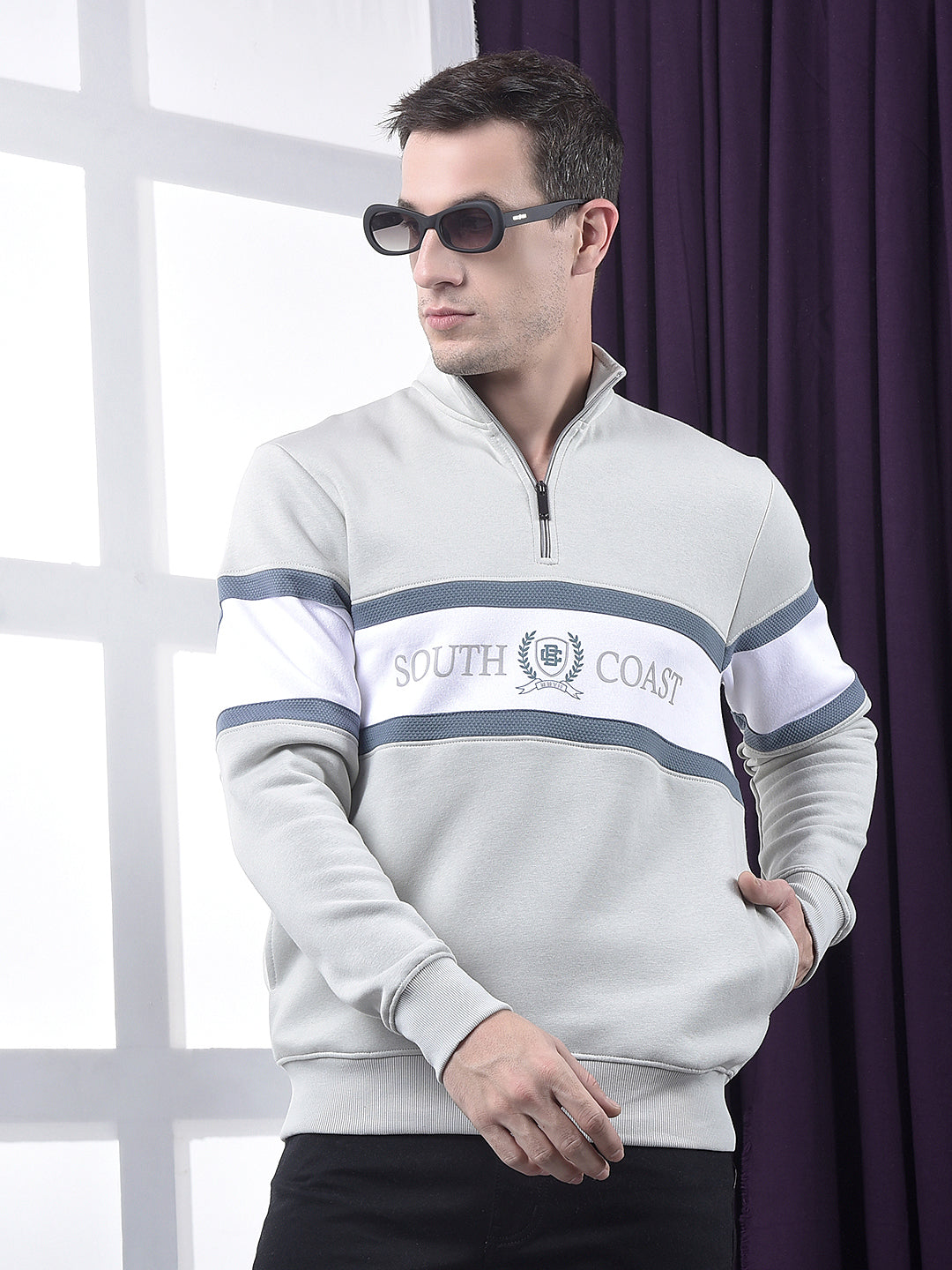 cobb light grey color-block half-zipper sweatshirt
