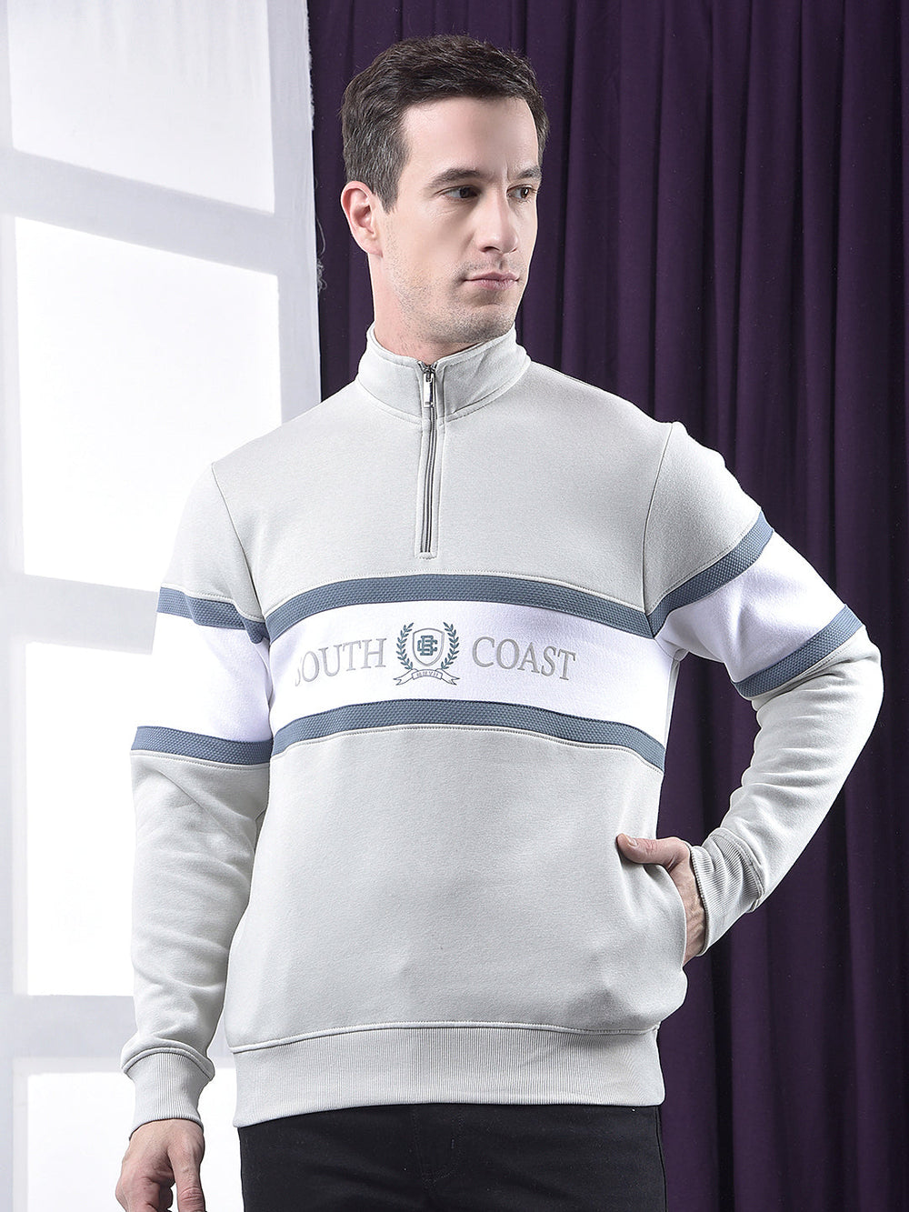cobb light grey color-block half-zipper sweatshirt
