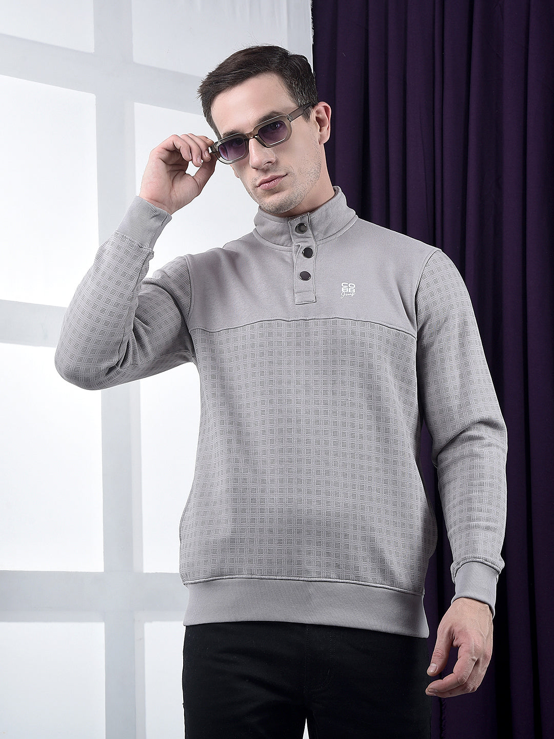 cobb light grey printed half-button sweatshirt