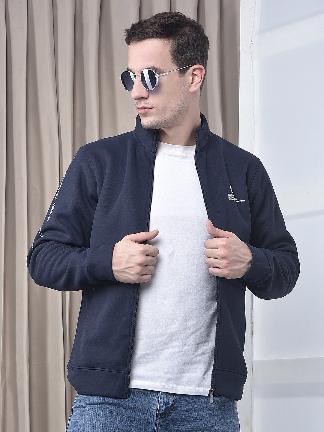 cobb navy blue printed zip-up sweatshirt