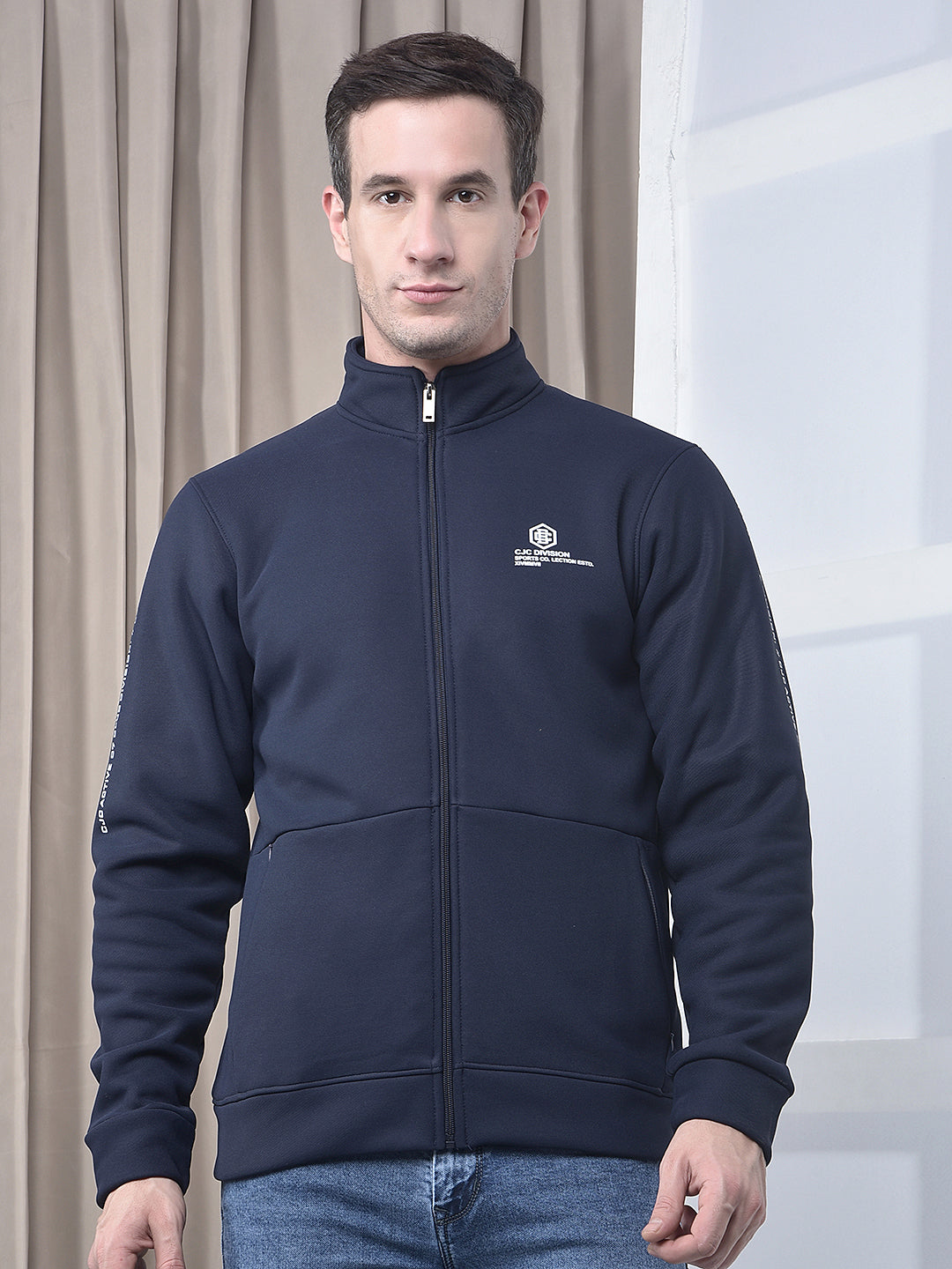 cobb navy blue printed zip-up sweatshirt