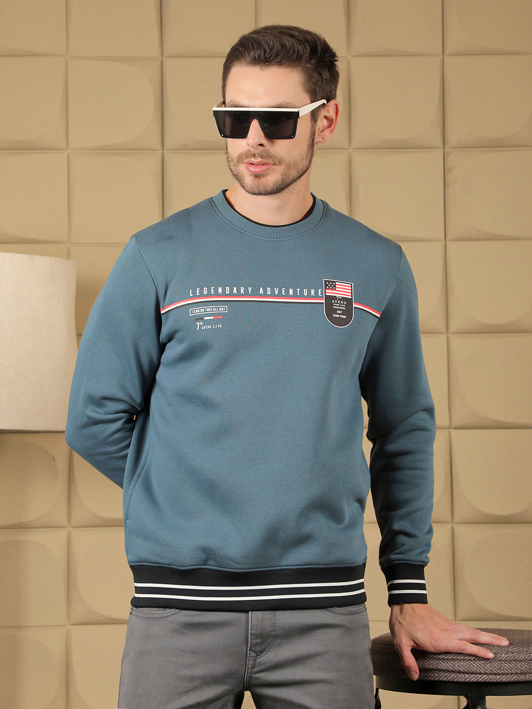 cobb teal printed round neck sweatshirt