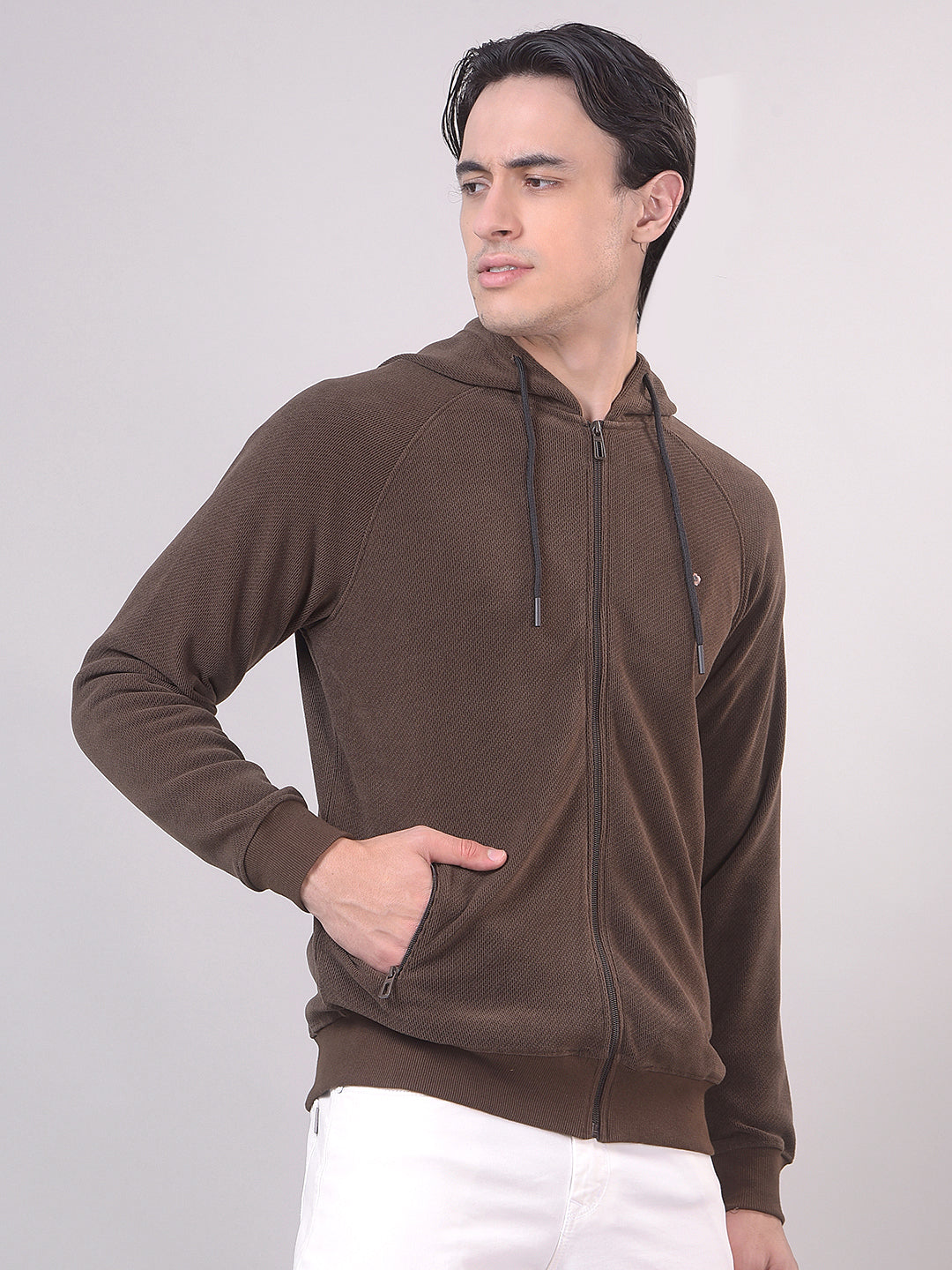 Brown Textured Zip-Up Sweatshirt