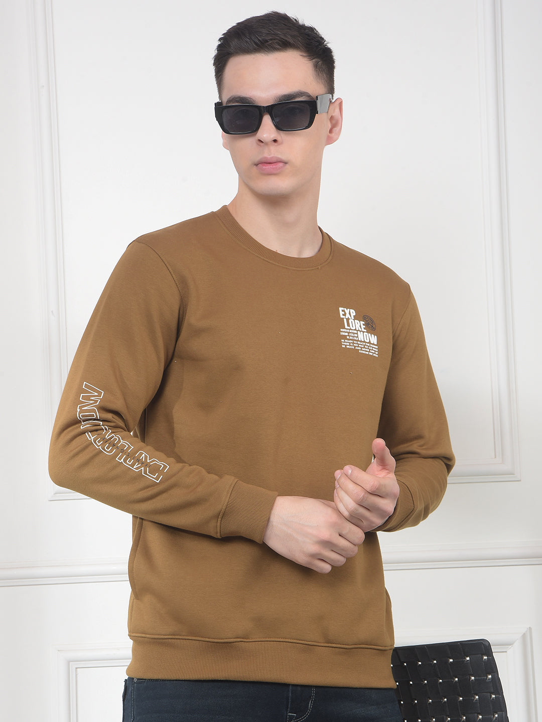cobb dark mustard printed round neck sweatshirt