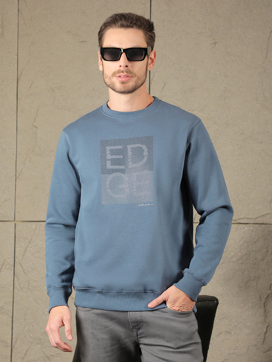 cobb slate blue printed round neck sweatshirt