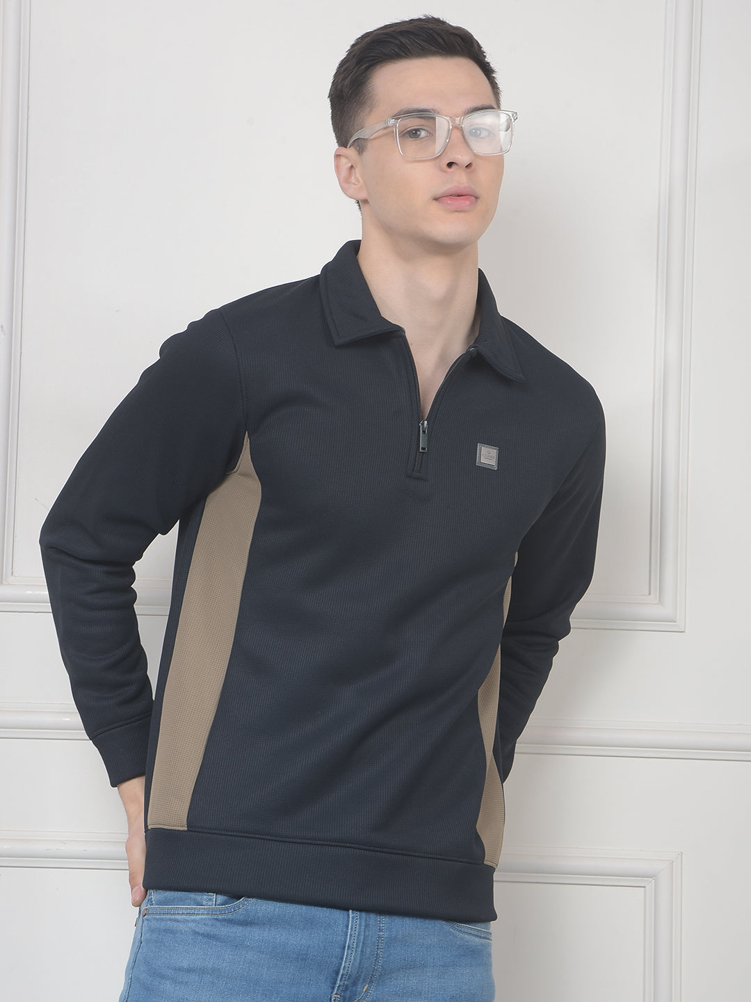 cobb navy blue color-block half-zipper sweatshirt