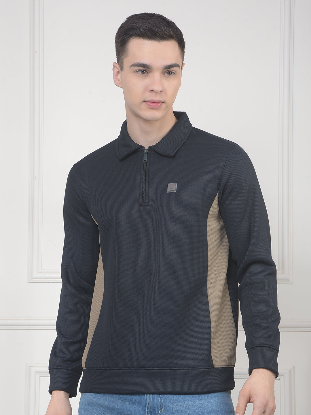 cobb navy blue color-block half-zipper sweatshirt