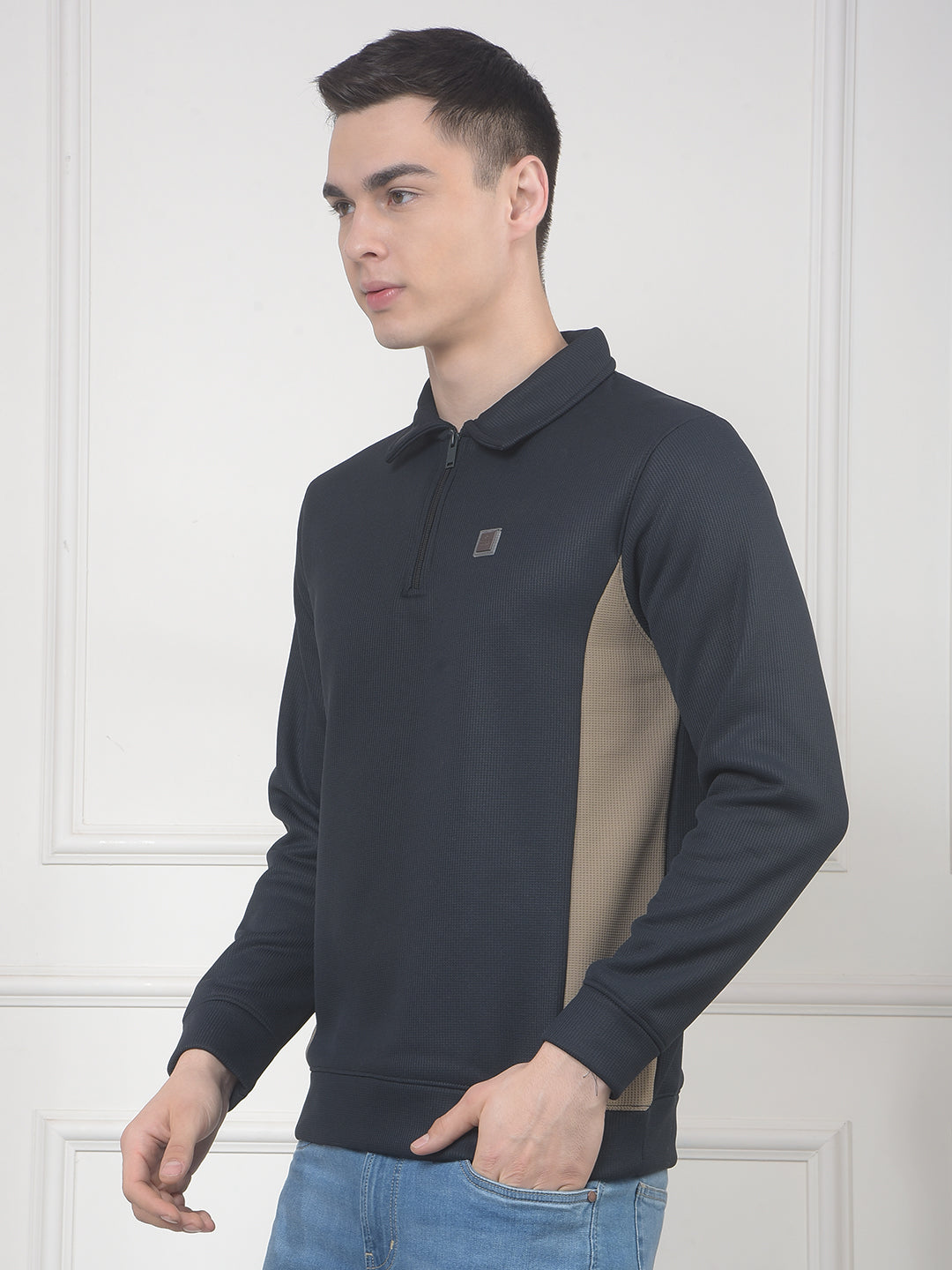 cobb navy blue color-block half-zipper sweatshirt