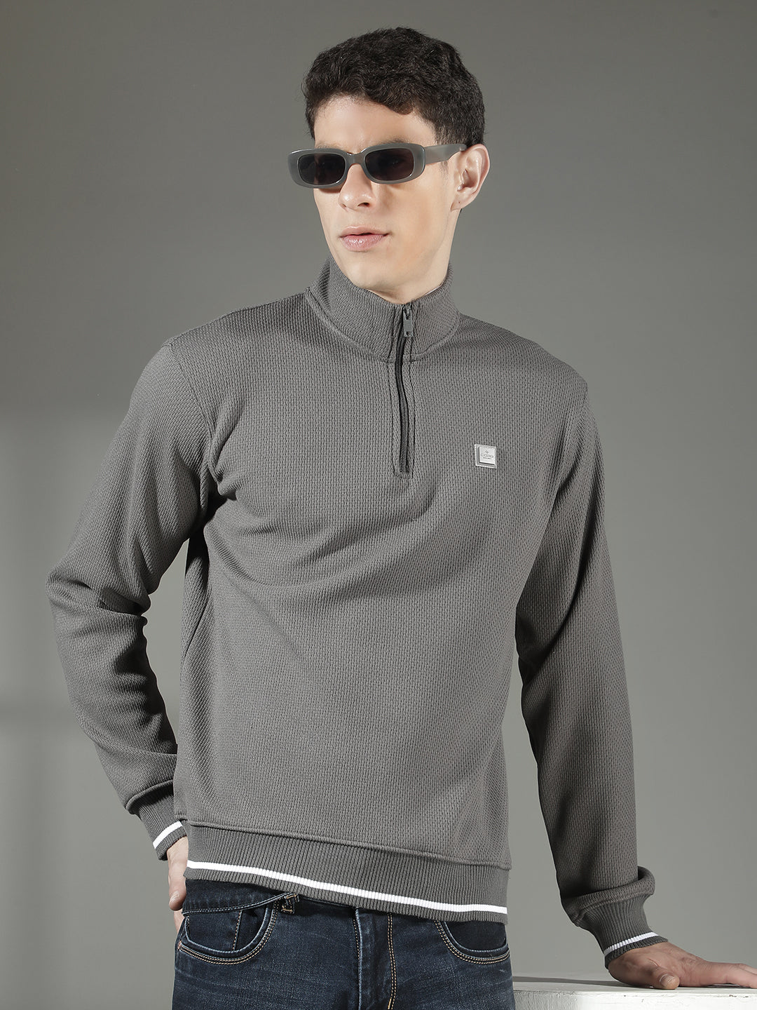 cobb grey self-design half-zipper sweatshirt
