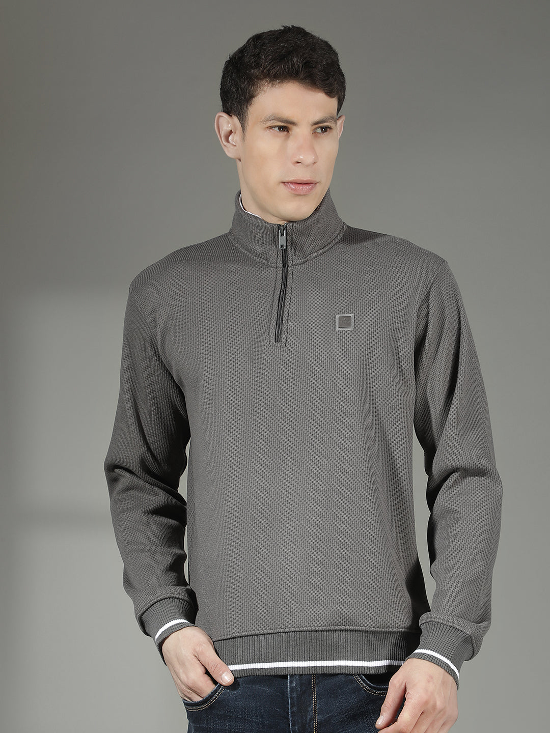 cobb grey self-design half-zipper sweatshirt