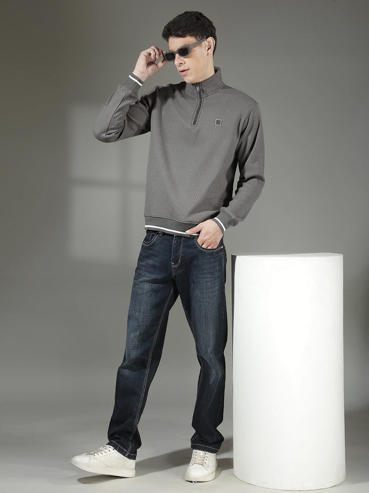 COBB GREY SELF-DESIGN HALF-ZIPPER SWEATSHIRT