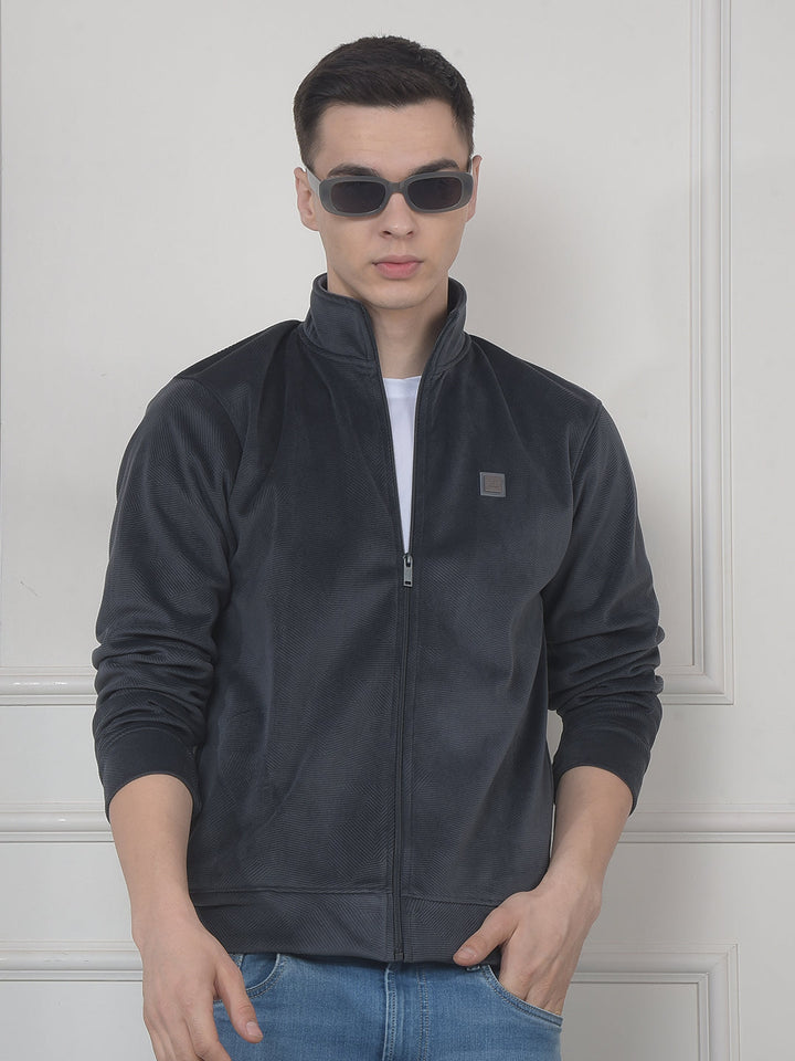 cobb dark grey self-design zip-up velvet sweatshirt